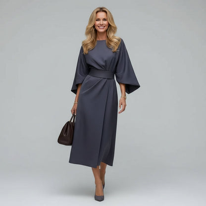 Belted Round Neck Midi Dress with Wide Sleeves — Everyday Elegance