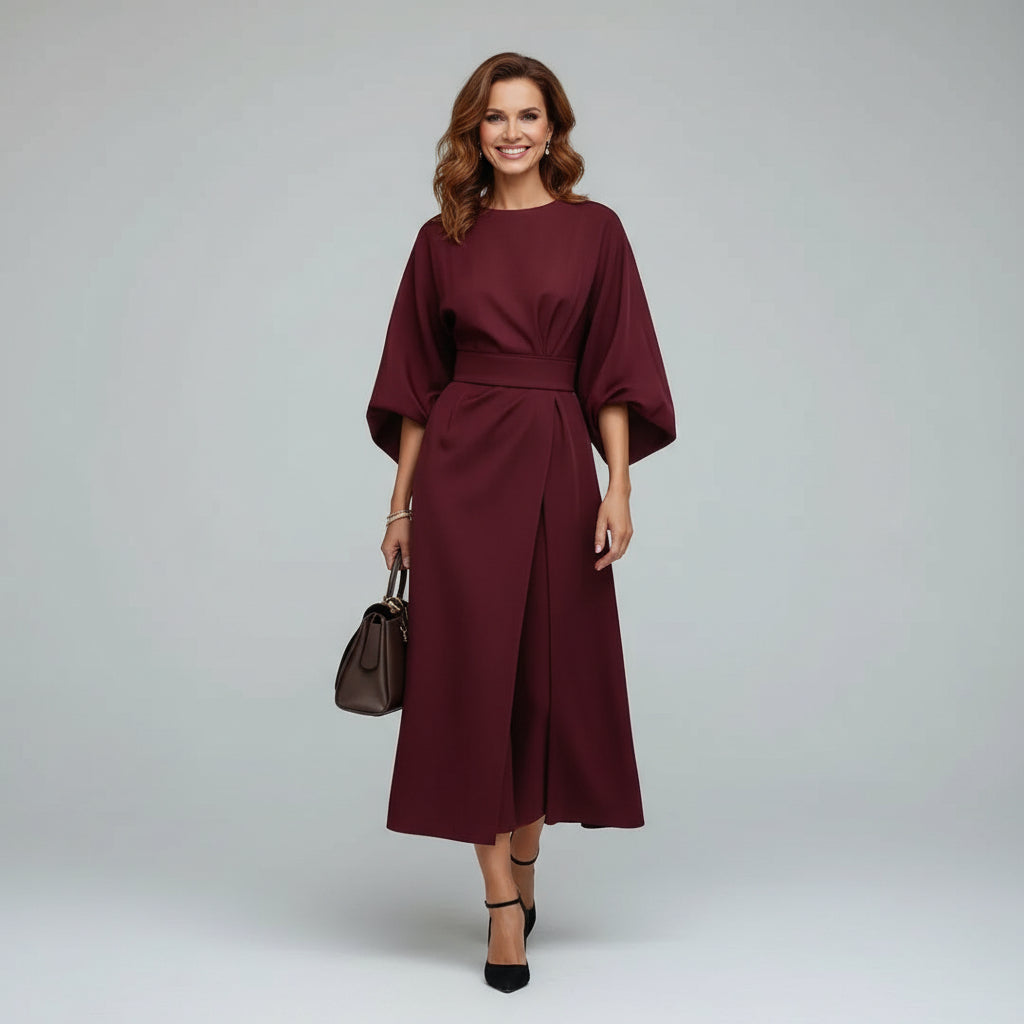 Belted Round Neck Midi Dress with Wide Sleeves — Everyday Elegance