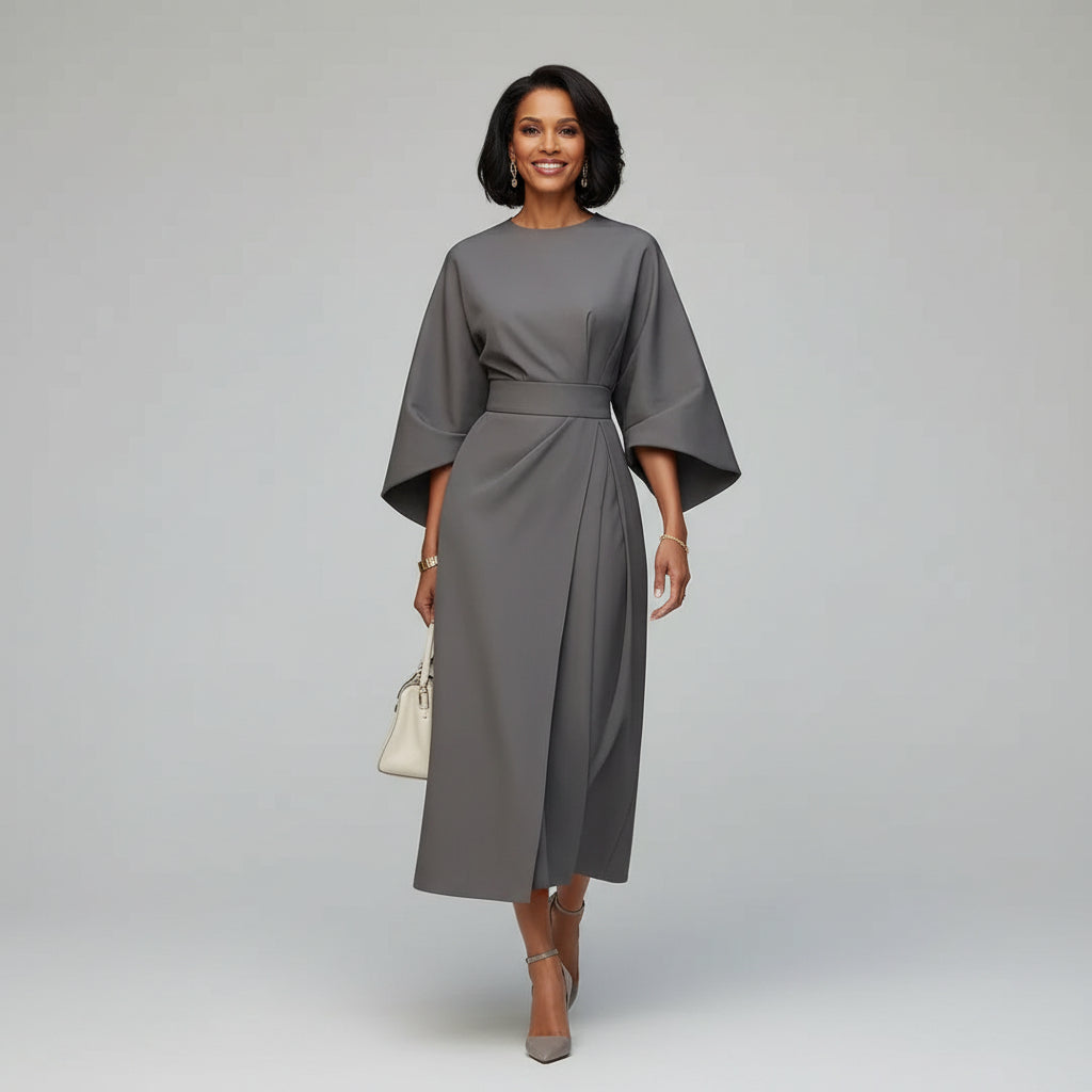 Belted Round Neck Midi Dress with Wide Sleeves — Everyday Elegance