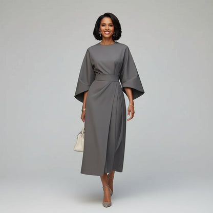 Belted Round Neck Midi Dress with Wide Sleeves — Everyday Elegance