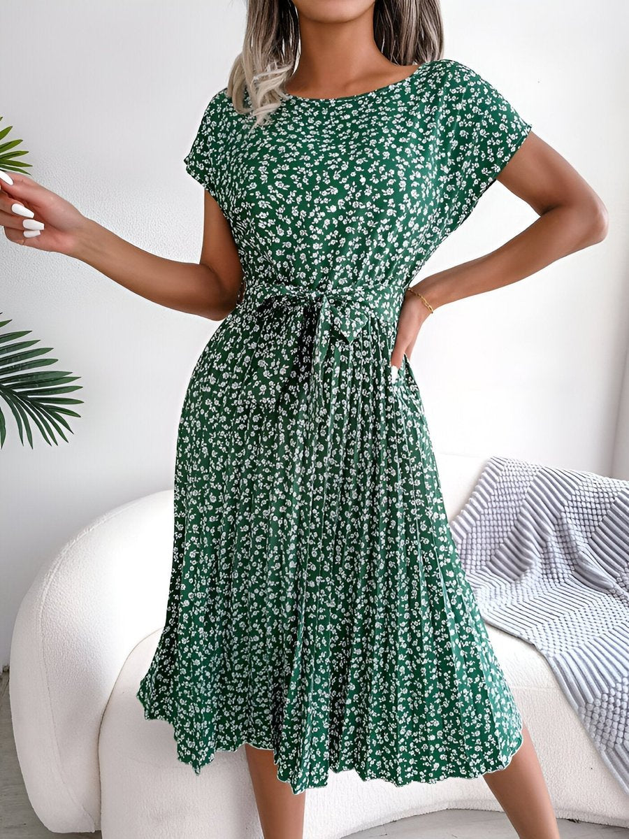 Emma | Women's Ditsy Floral Pleated A-Line Belted Midi Dress