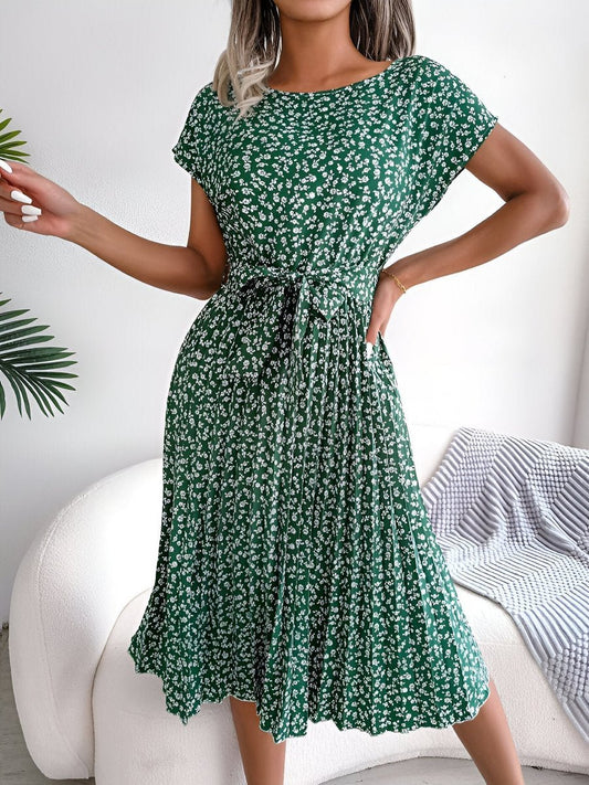 Emma | Women's Ditsy Floral Pleated A-Line Belted Midi Dress