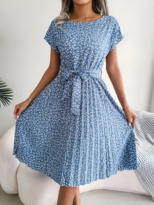 Emma | Women's Ditsy Floral Pleated A-Line Belted Midi Dress