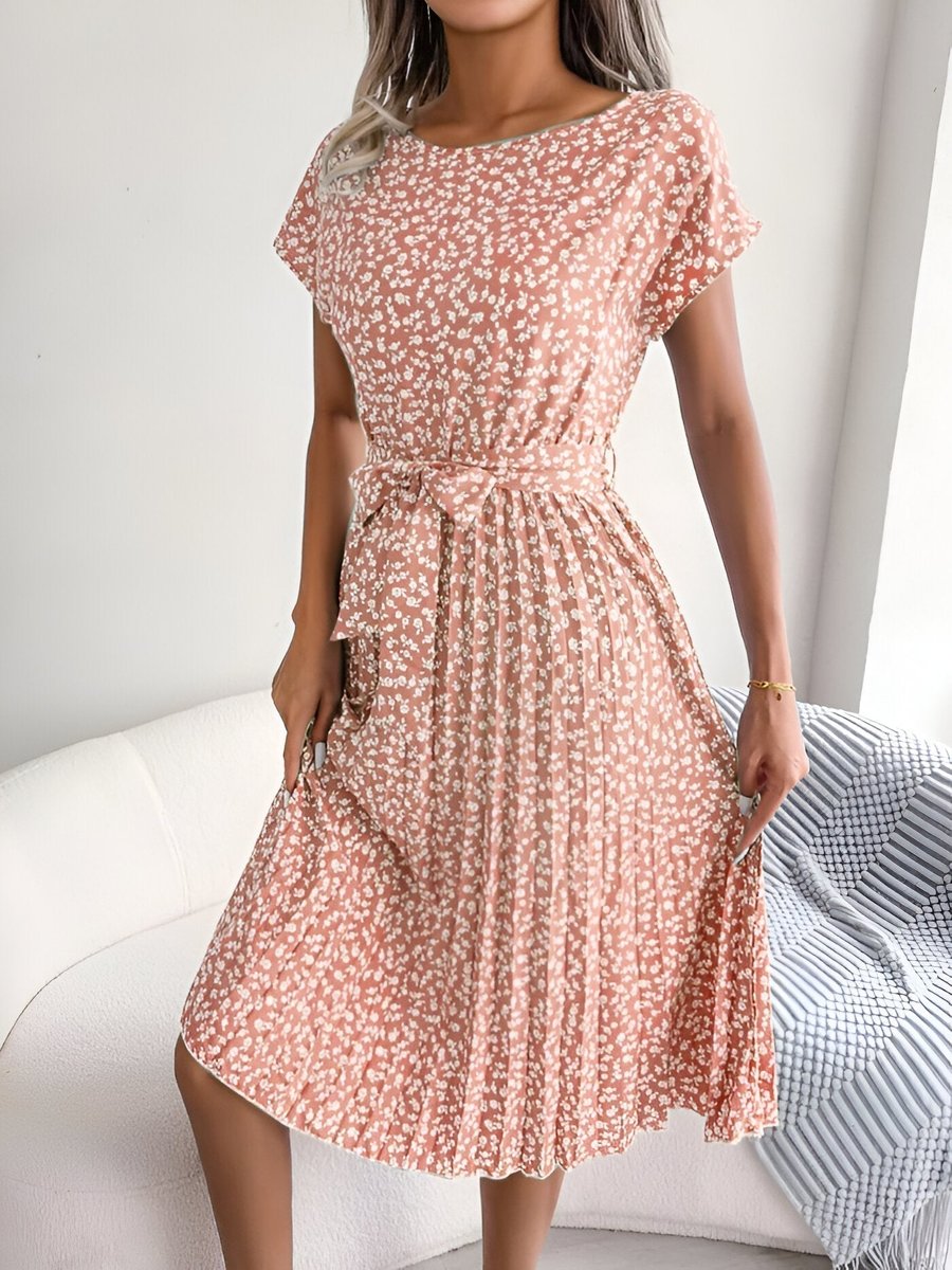 Emma | Women's Ditsy Floral Pleated A-Line Belted Midi Dress