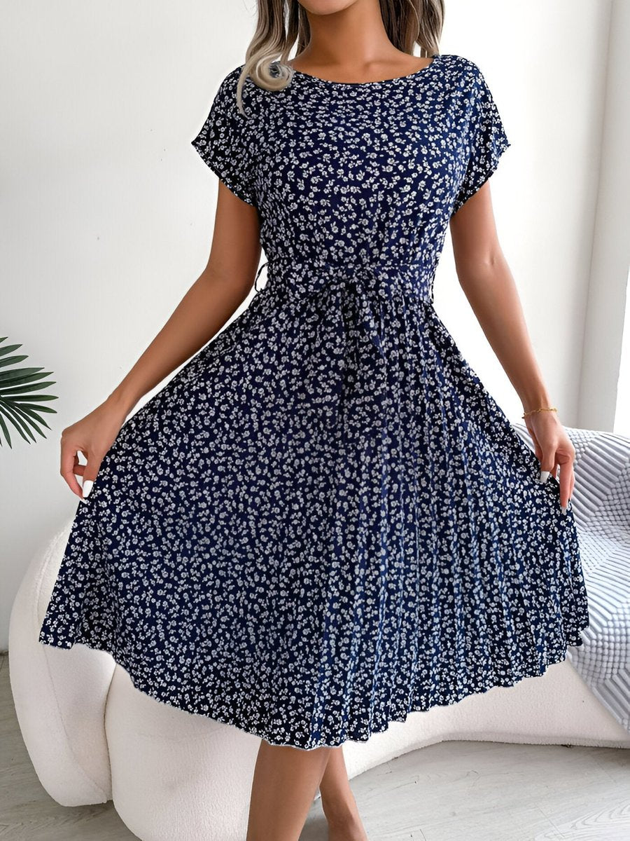 Emma | Women's Ditsy Floral Pleated A-Line Belted Midi Dress