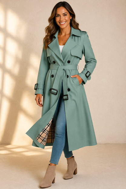 Philippa | Long Double Breasted Trench Coat Check Lining