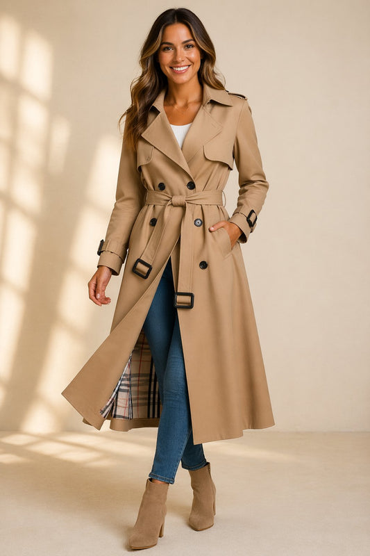 Philippa | Long Double Breasted Trench Coat Check Lining