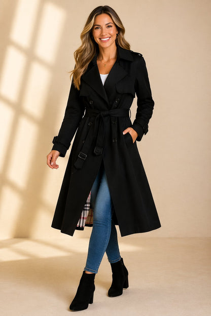 Philippa | Long Double Breasted Trench Coat Check Lining