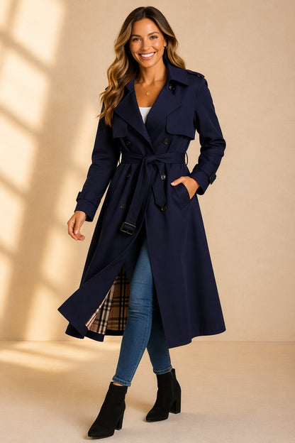 Philippa | Long Double Breasted Trench Coat Check Lining