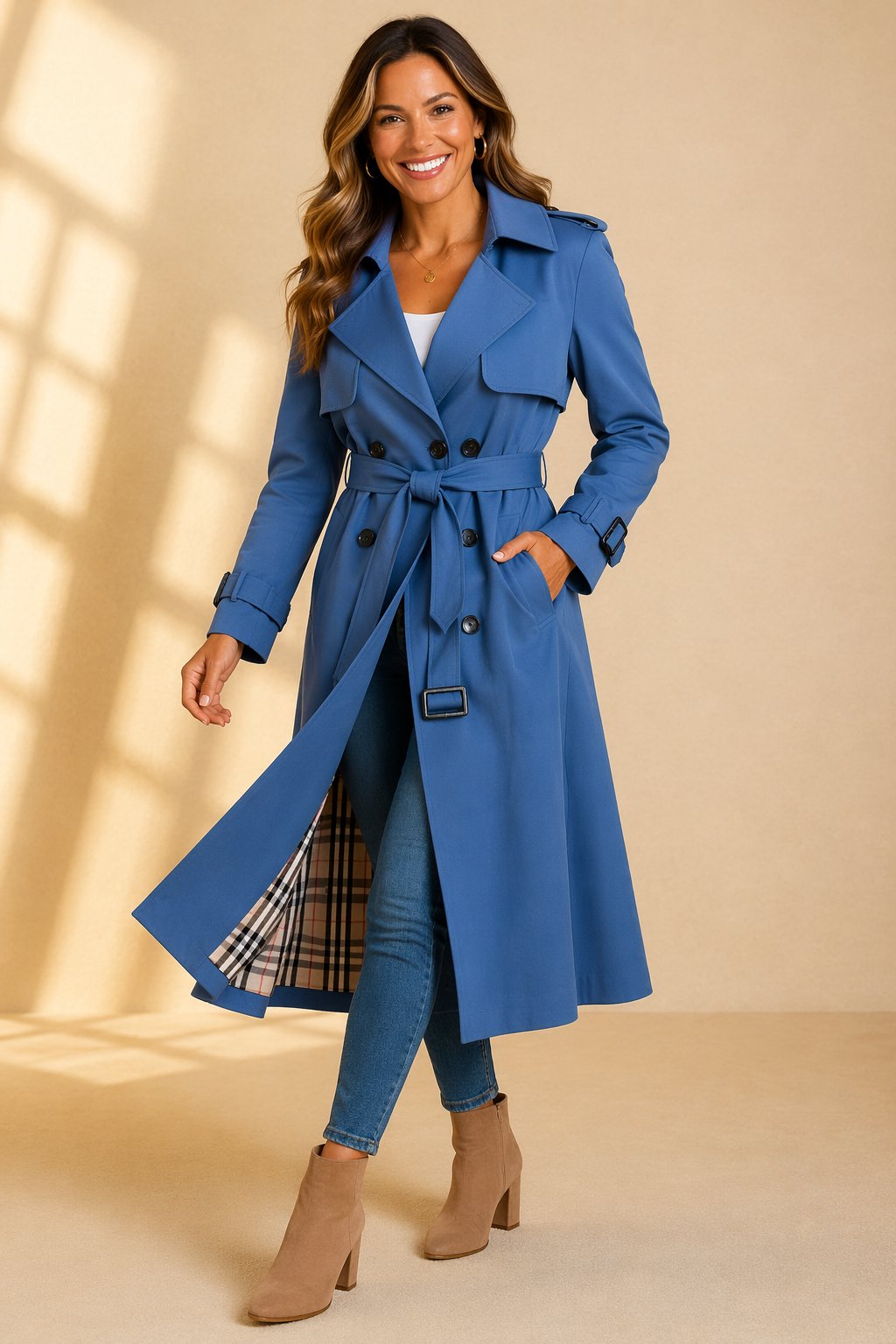 Philippa | Long Double Breasted Trench Coat Check Lining