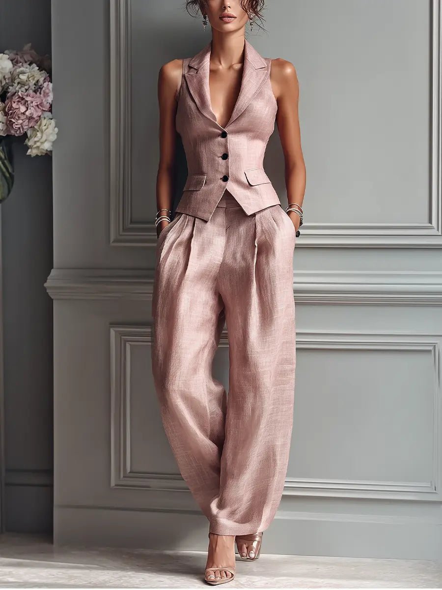 Isabella | Women's Linen Waistcoat Wide Leg Pants Set