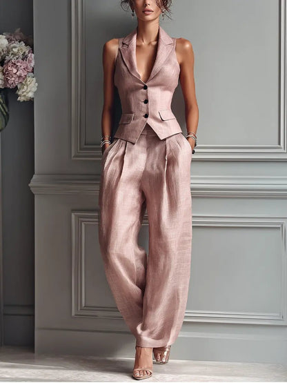 Isabella | Women's Linen Waistcoat Wide Leg Pants Set