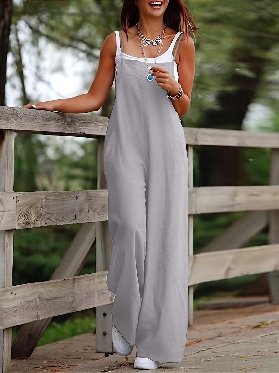 Indie | Women's Linen Wide Leg Sleeveless Dungaree Jumpsuit