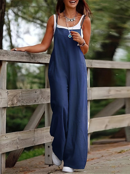 Indie | Women's Linen Wide Leg Sleeveless Dungaree Jumpsuit