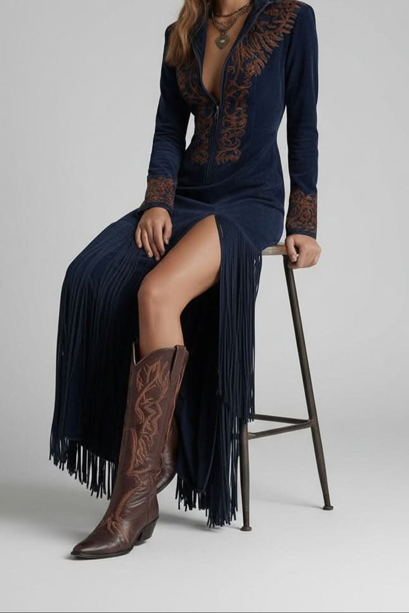 Daya | Women's Long Sleeve Fringe Western Maxi Dress