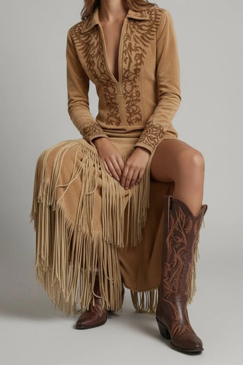Daya | Women's Long Sleeve Fringe Western Maxi Dress