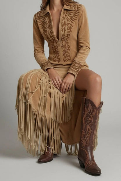 Daya | Women's Long Sleeve Fringe Western Maxi Dress