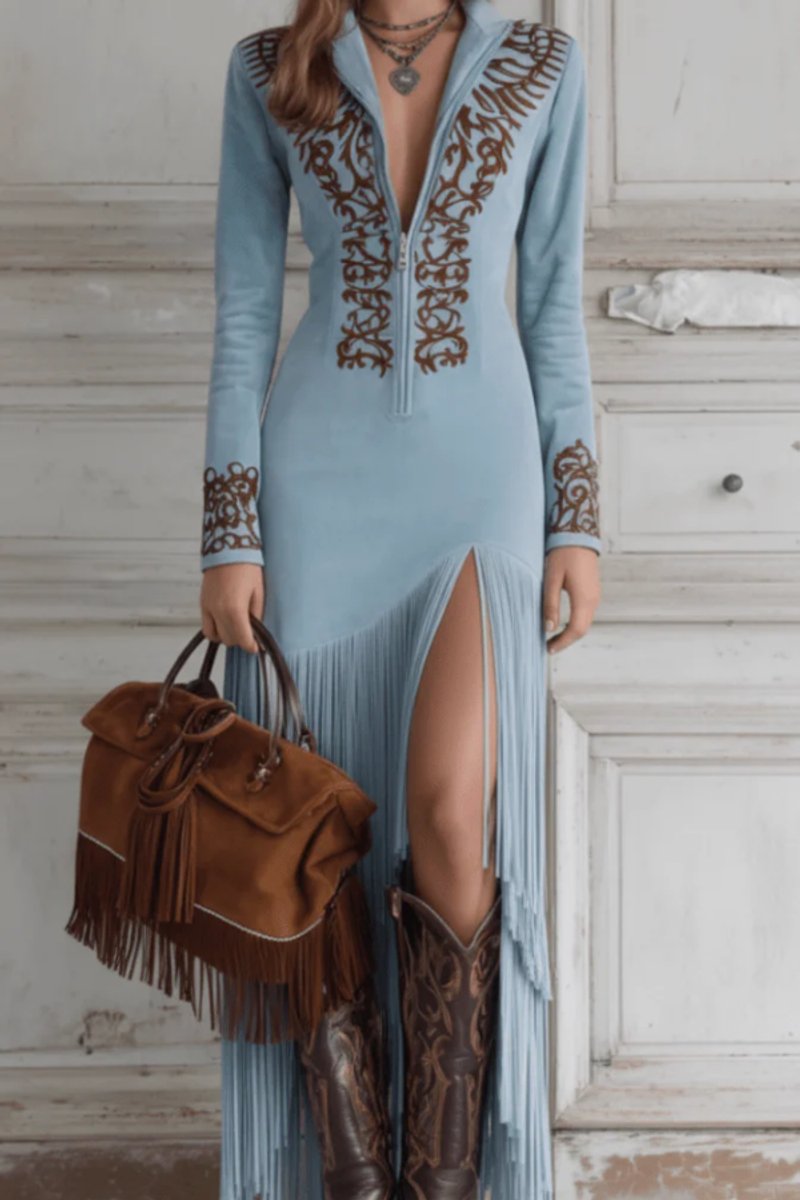 Daya | Women's Long Sleeve Fringe Western Maxi Dress