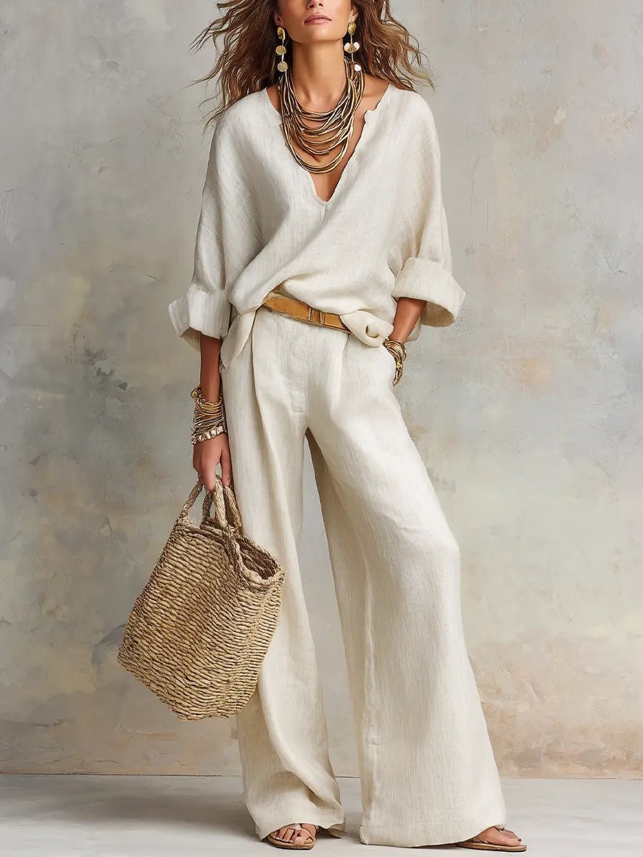 Luna | Women's Relaxed Linen V-Neck Wide Leg Pants Set