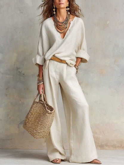 Luna | Women's Relaxed Linen V-Neck Wide Leg Pants Set