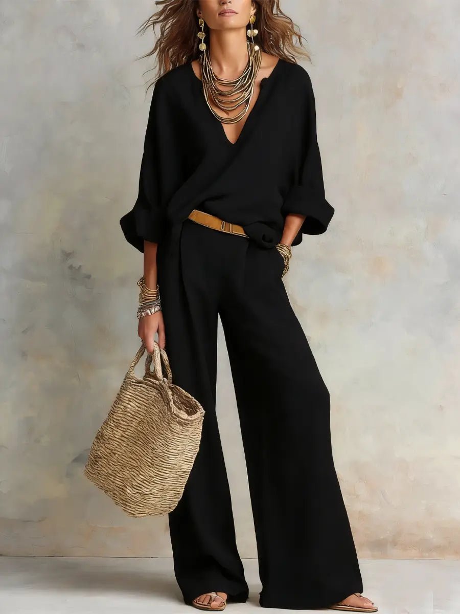 Luna | Women's Relaxed Linen V-Neck Wide Leg Pants Set