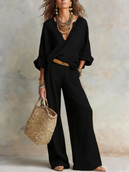 Luna | Women's Relaxed Linen V-Neck Wide Leg Pants Set