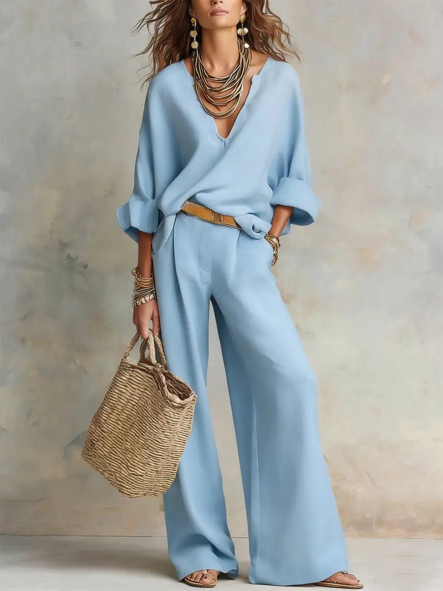 Luna | Women's Relaxed Linen V-Neck Wide Leg Pants Set