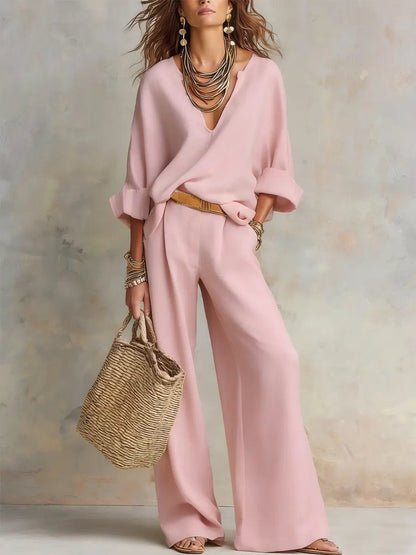Luna | Women's Relaxed Linen V-Neck Wide Leg Pants Set