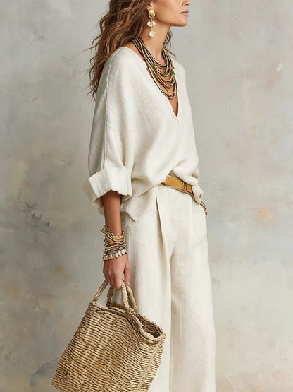 Luna | Women's Relaxed Linen V-Neck Wide Leg Pants Set