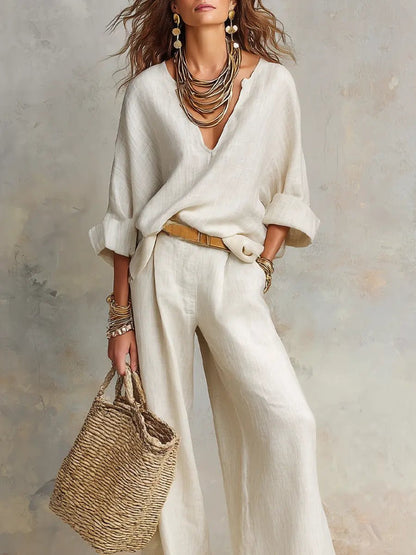 Luna | Women's Relaxed Linen V-Neck Wide Leg Pants Set