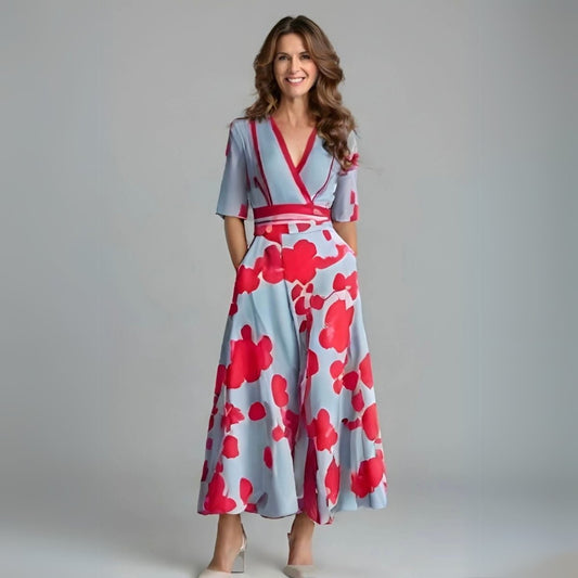 Layla | Women's V-Neck Wrap Floral A-Line Midi Dress