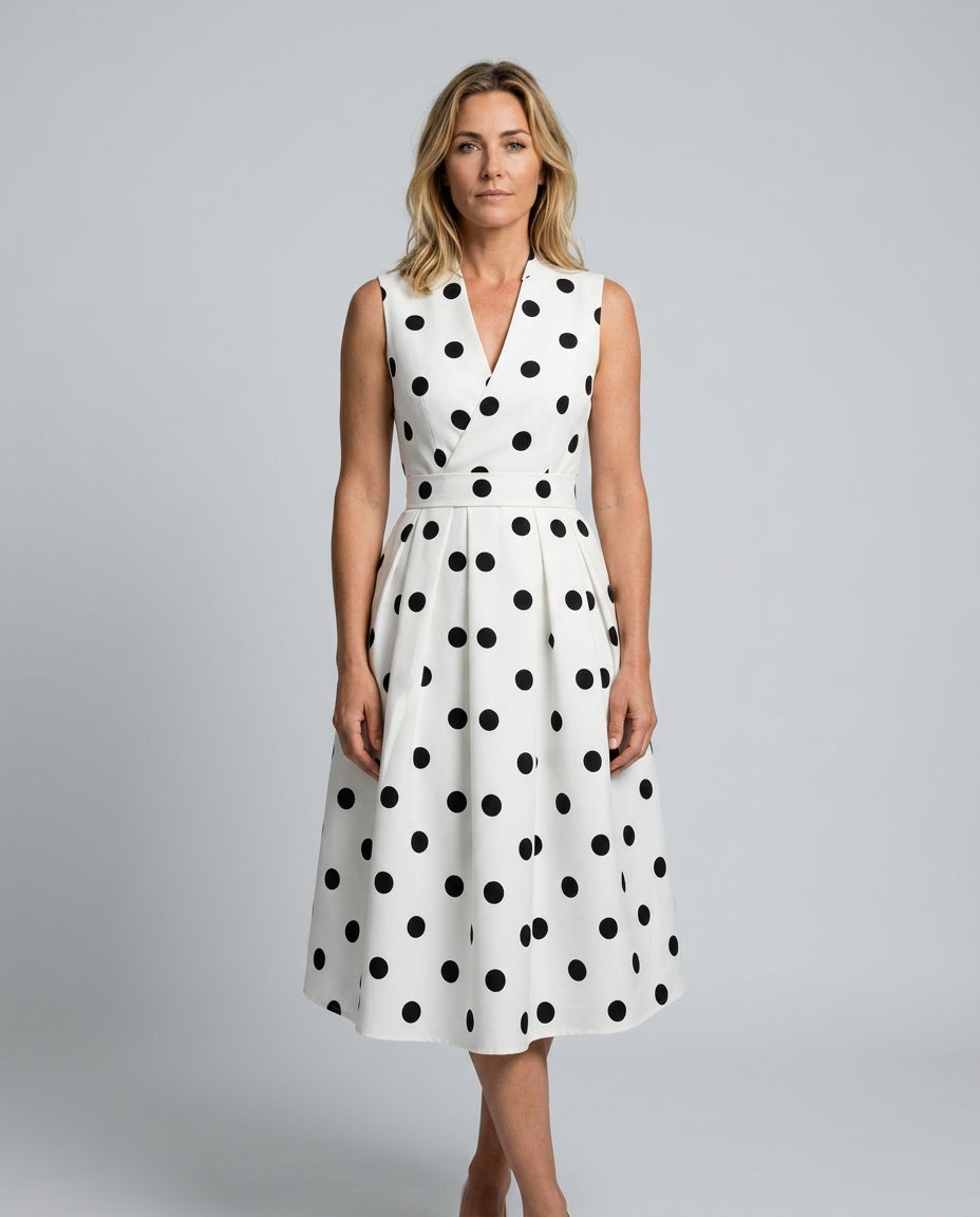 Vera | Sleeveless Polka Dot Belted Midi Dress