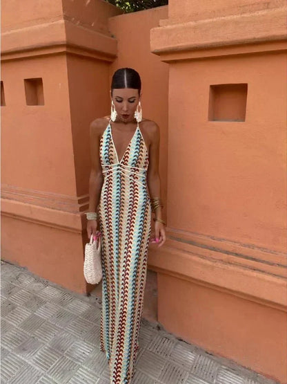 Evara | Crochet Chevron Halter Boho Maxi Dress