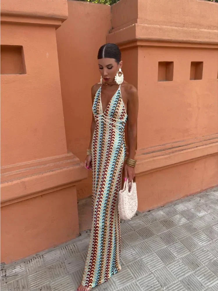 Evara | Crochet Chevron Halter Boho Maxi Dress