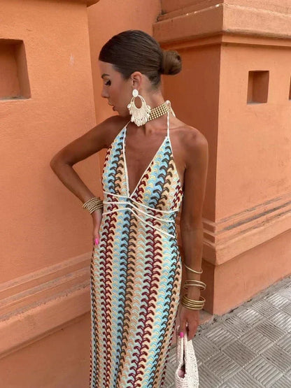 Evara | Crochet Chevron Halter Boho Maxi Dress