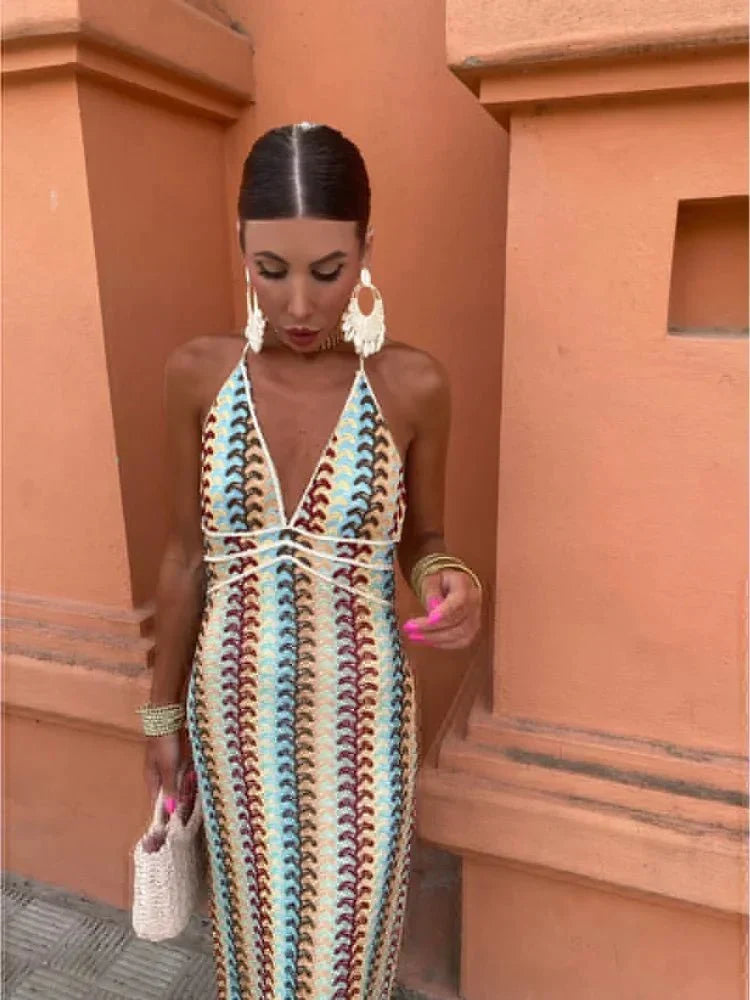 Evara | Crochet Chevron Halter Boho Maxi Dress