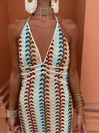 Evara | Crochet Chevron Halter Boho Maxi Dress