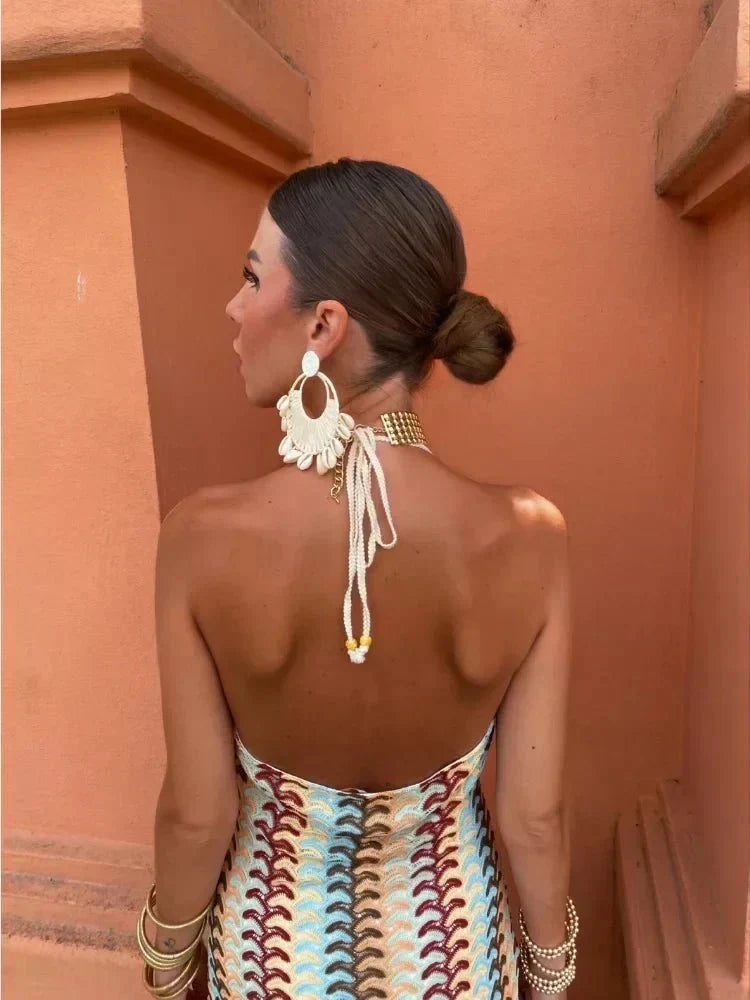Evara | Crochet Chevron Halter Boho Maxi Dress