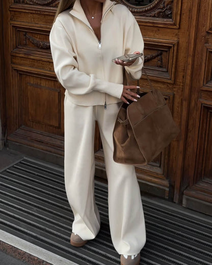 Wide-Leg Trousers and Zip-Up Knit Jacket Two-Piece Set