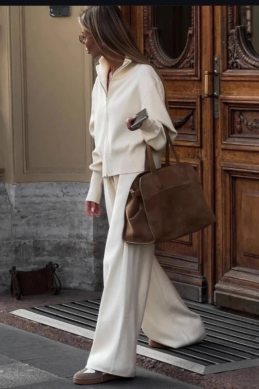 Wide-Leg Trousers and Zip-Up Knit Jacket Two-Piece Set