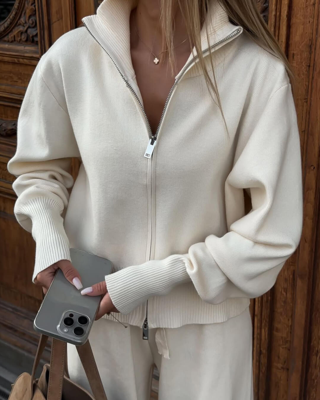 Wide-Leg Trousers and Zip-Up Knit Jacket Two-Piece Set
