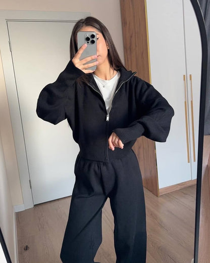 Wide-Leg Trousers and Zip-Up Knit Jacket Two-Piece Set