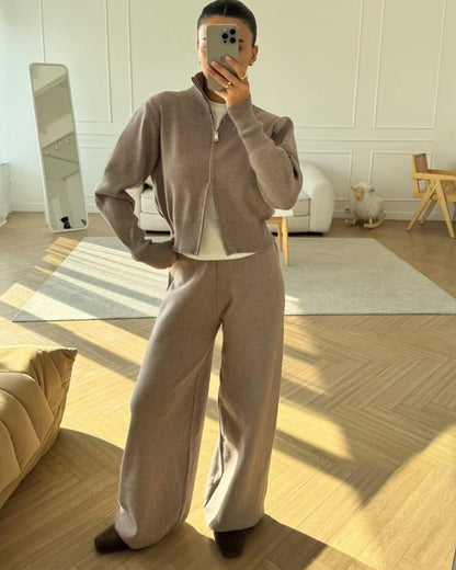 Wide-Leg Trousers and Zip-Up Knit Jacket Two-Piece Set