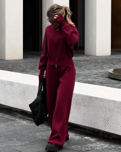 Wide-Leg Trousers and Zip-Up Knit Jacket Two-Piece Set